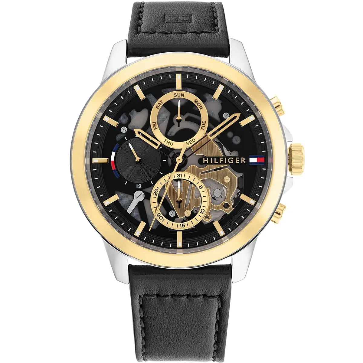 Tommy Hilfiger Henry 1710474 men's watch with two-tone silver and gold case, skeleton dial, and black leather strap