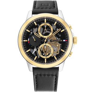 Tommy Hilfiger Henry 1710474 men's watch with two-tone silver and gold case, skeleton dial, and black leather strap