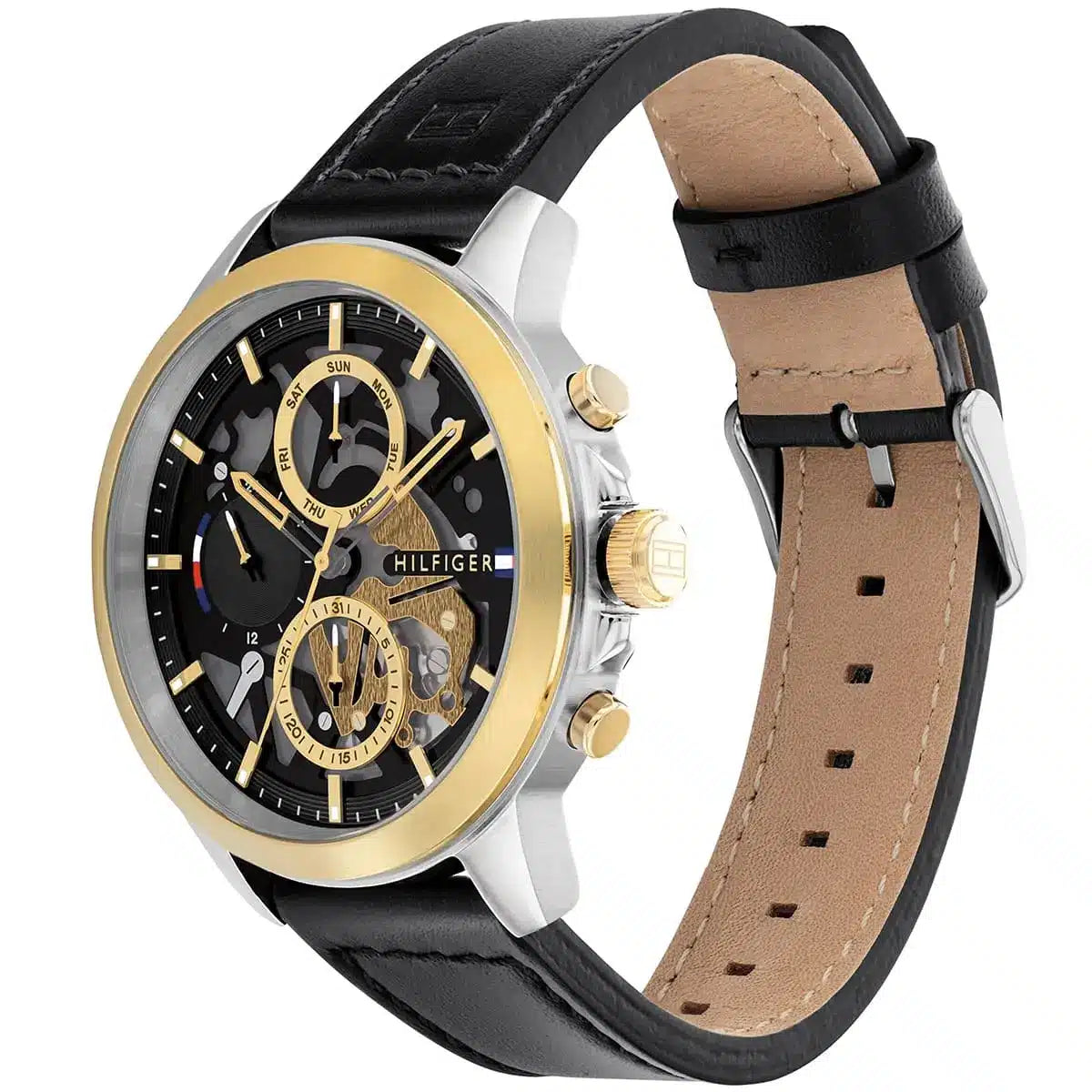 Tommy Hilfiger Henry 1710474 men's watch with two-tone silver and gold case, skeleton dial, and black leather strap