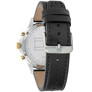 Tommy Hilfiger Henry 1710474 men's watch with two-tone silver and gold case, skeleton dial, and black leather strap