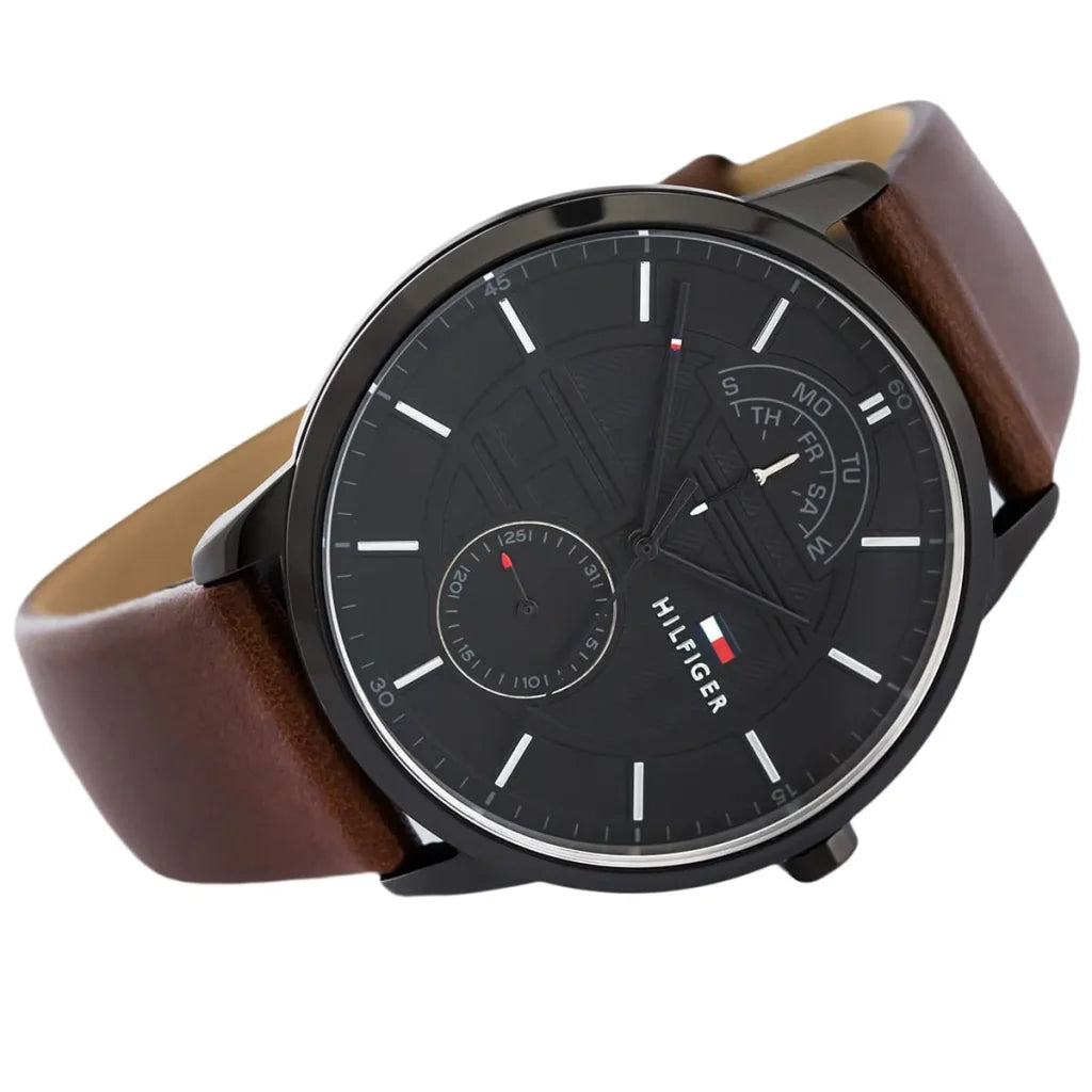 Angled shot highlighting the premium brown leather strap of Tommy Hilfiger 1791604
