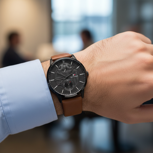 Close up of black textured dial and multi-function sub-dials of Tommy Hilfiger 1791604
