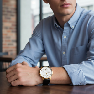 Man wearing elegant Tommy Hilfiger Hunter 1791606 watch with black leather strap