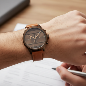 Close up of unique brown dial with square dual-time sub-dials of Tommy Hilfiger 1791594
