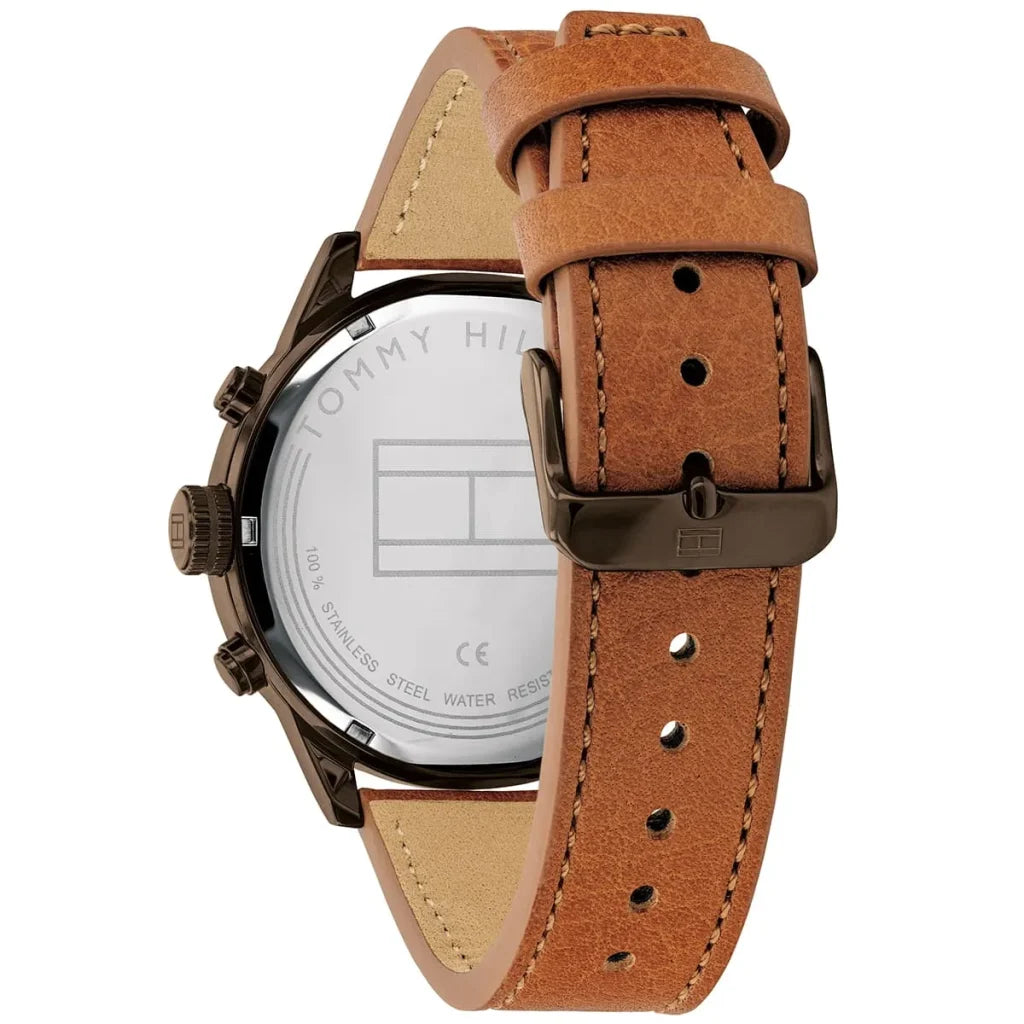 Profile view of Tommy Hilfiger Icon showing case thickness and tan leather strap