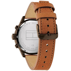 Profile view of Tommy Hilfiger Icon showing case thickness and tan leather strap