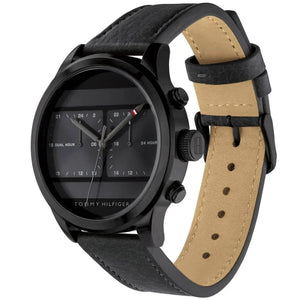 Angled shot highlighting the premium black leather strap of Tommy Hilfiger 1791595
