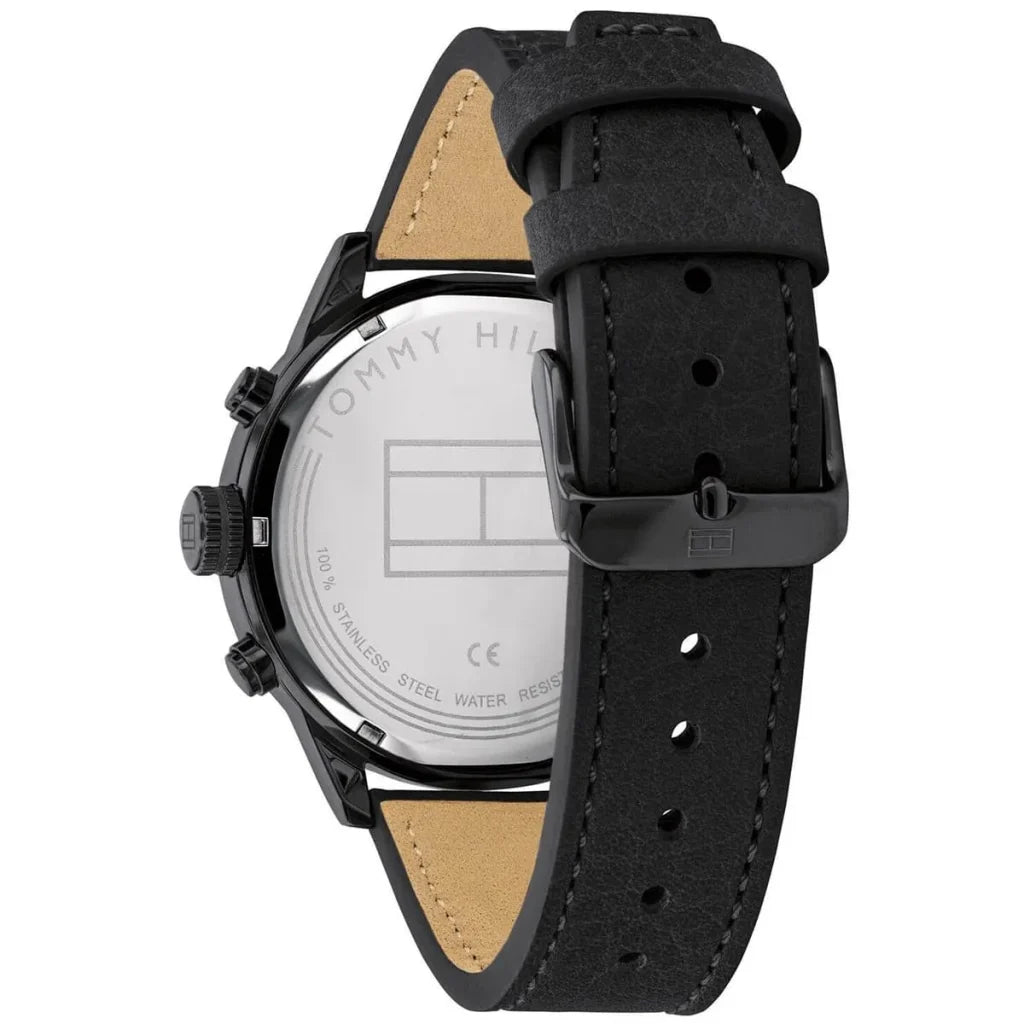 Perspective view of the black industrial dial and minimal markers of Tommy Hilfiger watch