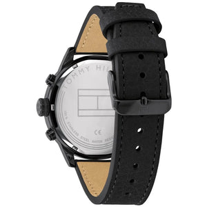 Perspective view of the black industrial dial and minimal markers of Tommy Hilfiger watch