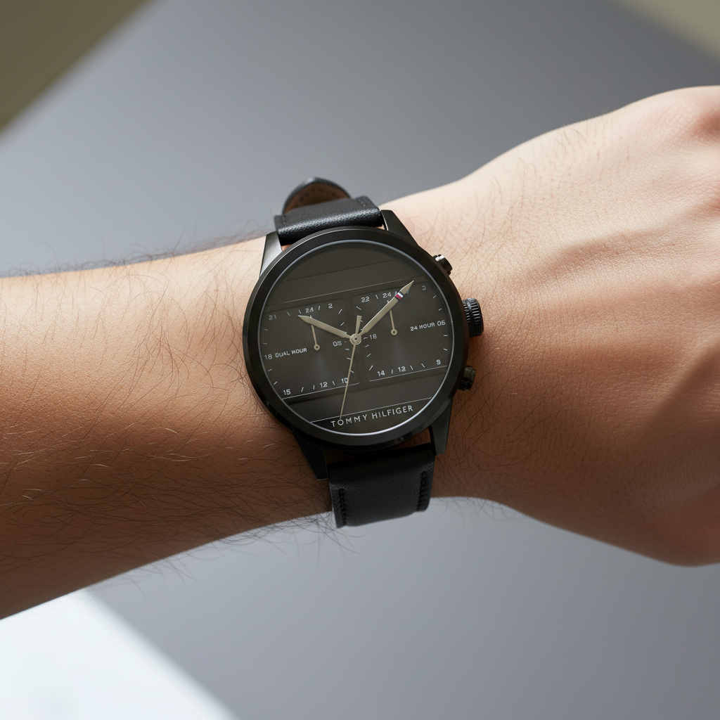Close up of the sleek black dial and square dual-time sub-dials of Tommy Hilfiger 1791595