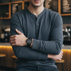 Man wearing monochromatic Tommy Hilfiger Icon 1791595 dual-time watch in black