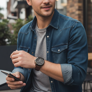 Man wearing bold and rugged Tommy Hilfiger Jameson 1791799 watch with brown leather strap