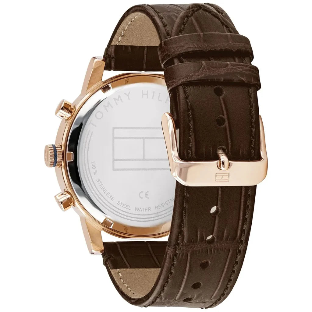 Angled shot highlighting the brown croc-embossed leather strap of Tommy Hilfiger 1710400