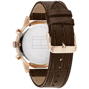 Angled shot highlighting the brown croc-embossed leather strap of Tommy Hilfiger 1710400