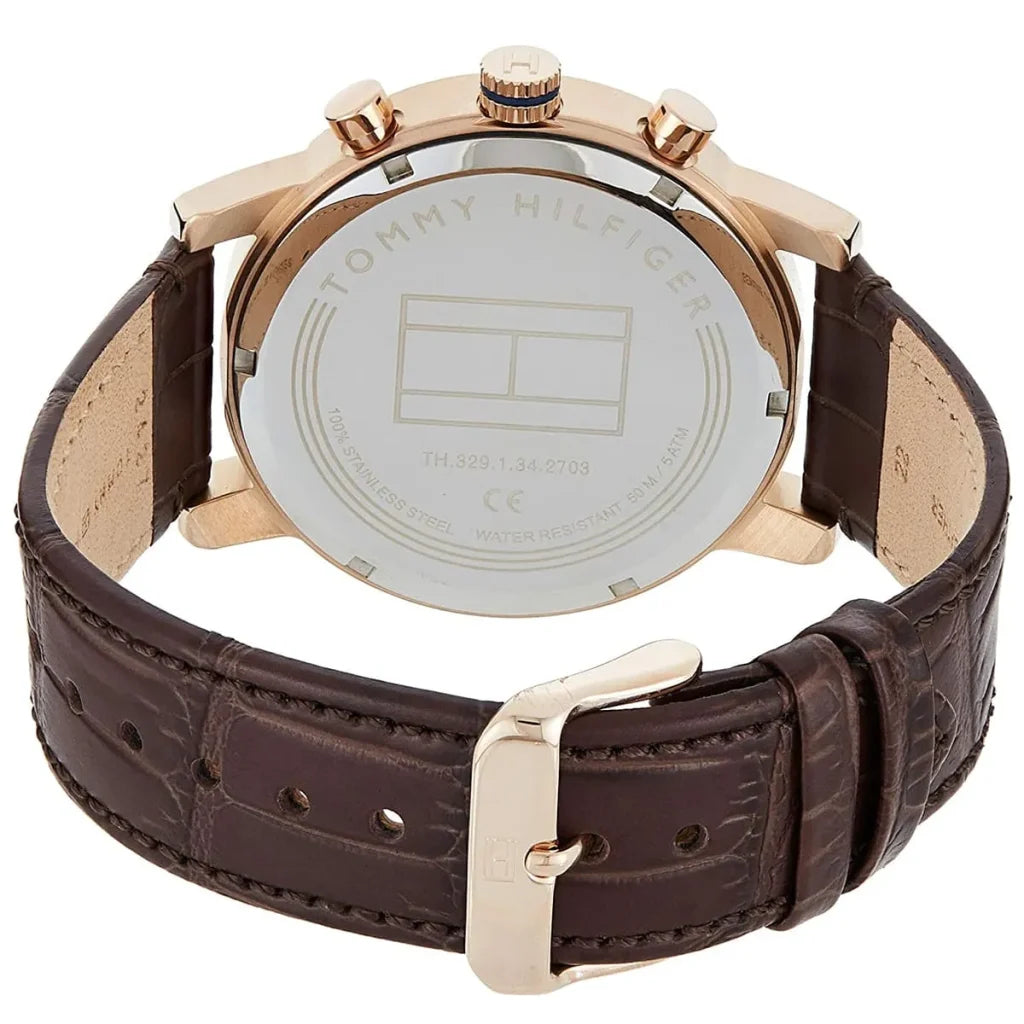 Right side view of Tommy Hilfiger 1710400 showing rose gold stainless steel case