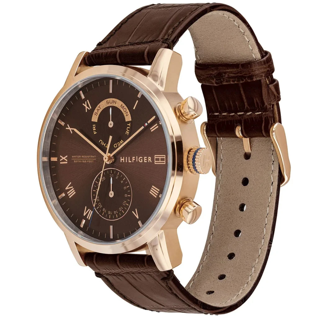 Profile view of Tommy Hilfiger Kane showing case thickness and brown leather strap
