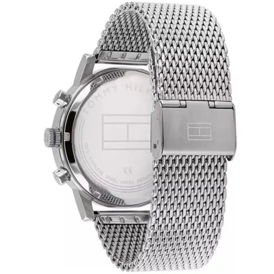 Angled shot highlighting the silver stainless steel mesh bracelet of Tommy Hilfiger 1710402