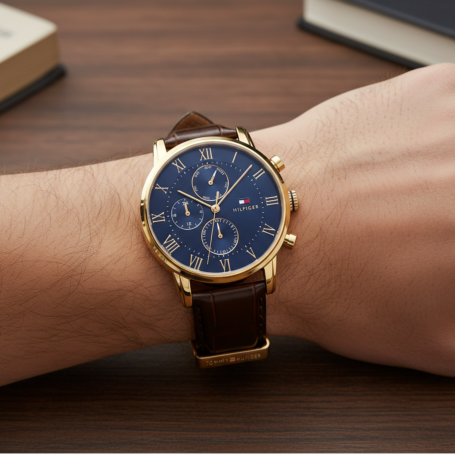 Close up of navy blue dial and gold Roman numerals of Tommy Hilfiger 1791399