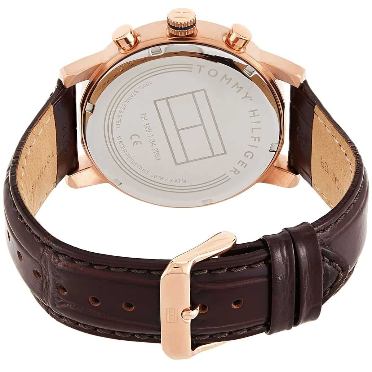 Profile view of Tommy Hilfiger Kane showing case thickness and brown leather strap