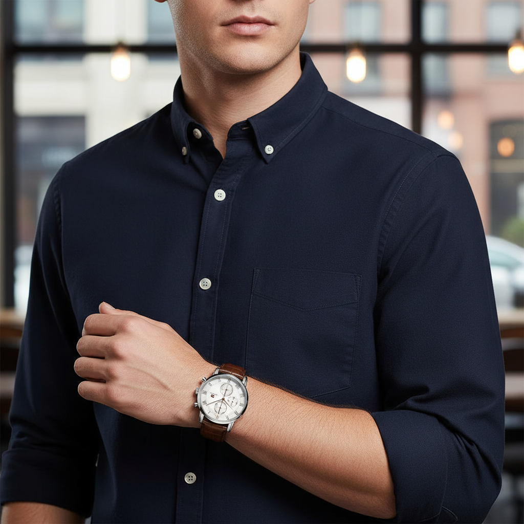 Man wearing sophisticated Tommy Hilfiger Kane 1791400 watch with leather strap