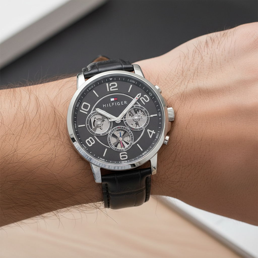 Close up of gray dial and semi-skeleton sub-dials of Tommy Hilfiger 1791289