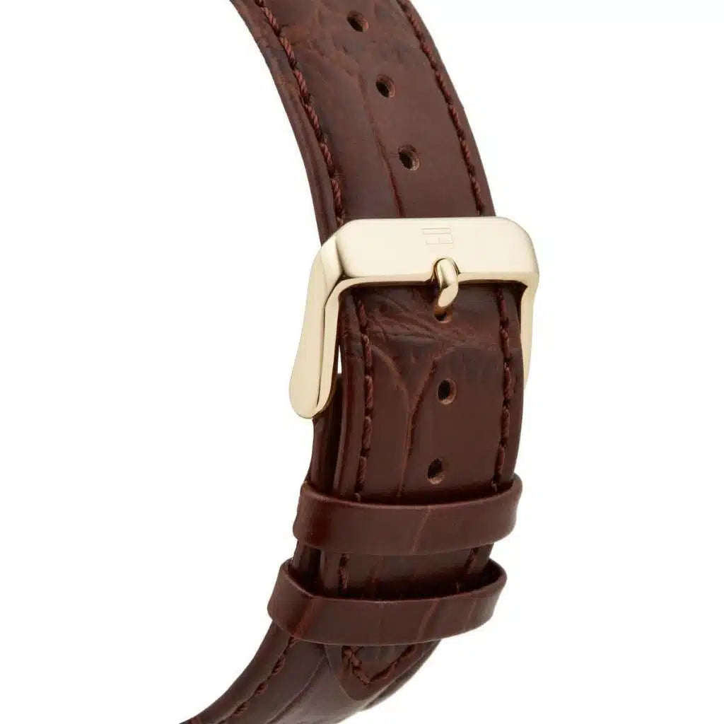 Angled shot highlighting the brown textured leather strap on Tommy Hilfiger 1791291