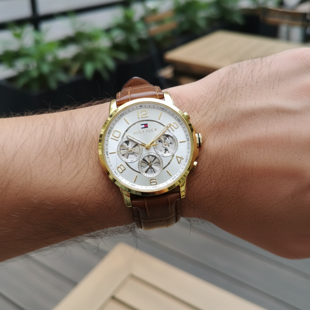 Close up of silver dial and skeleton sub-dials of Tommy Hilfiger 1791291