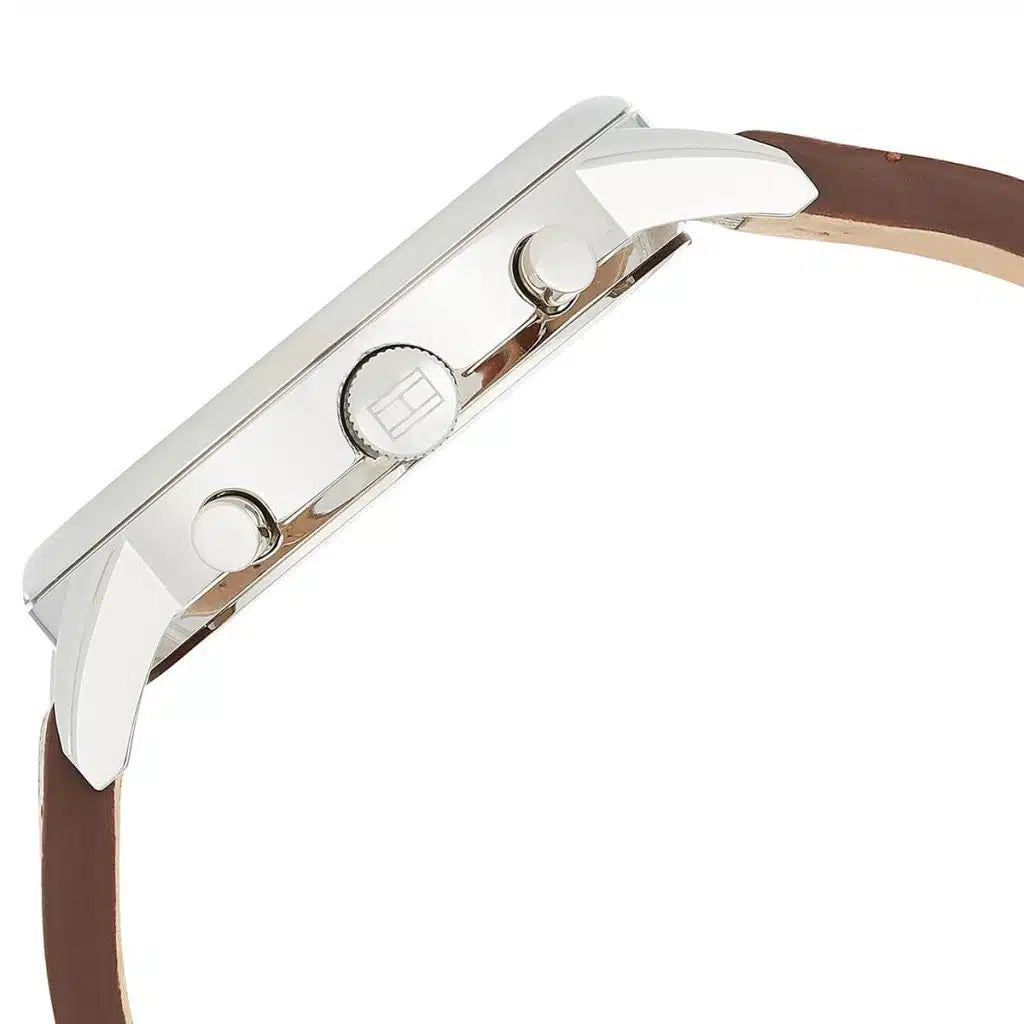 Angled shot highlighting the light brown leather strap of Tommy Hilfiger 1791629