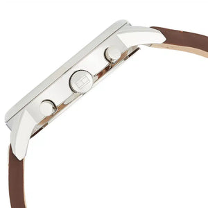 Angled shot highlighting the light brown leather strap of Tommy Hilfiger 1791629