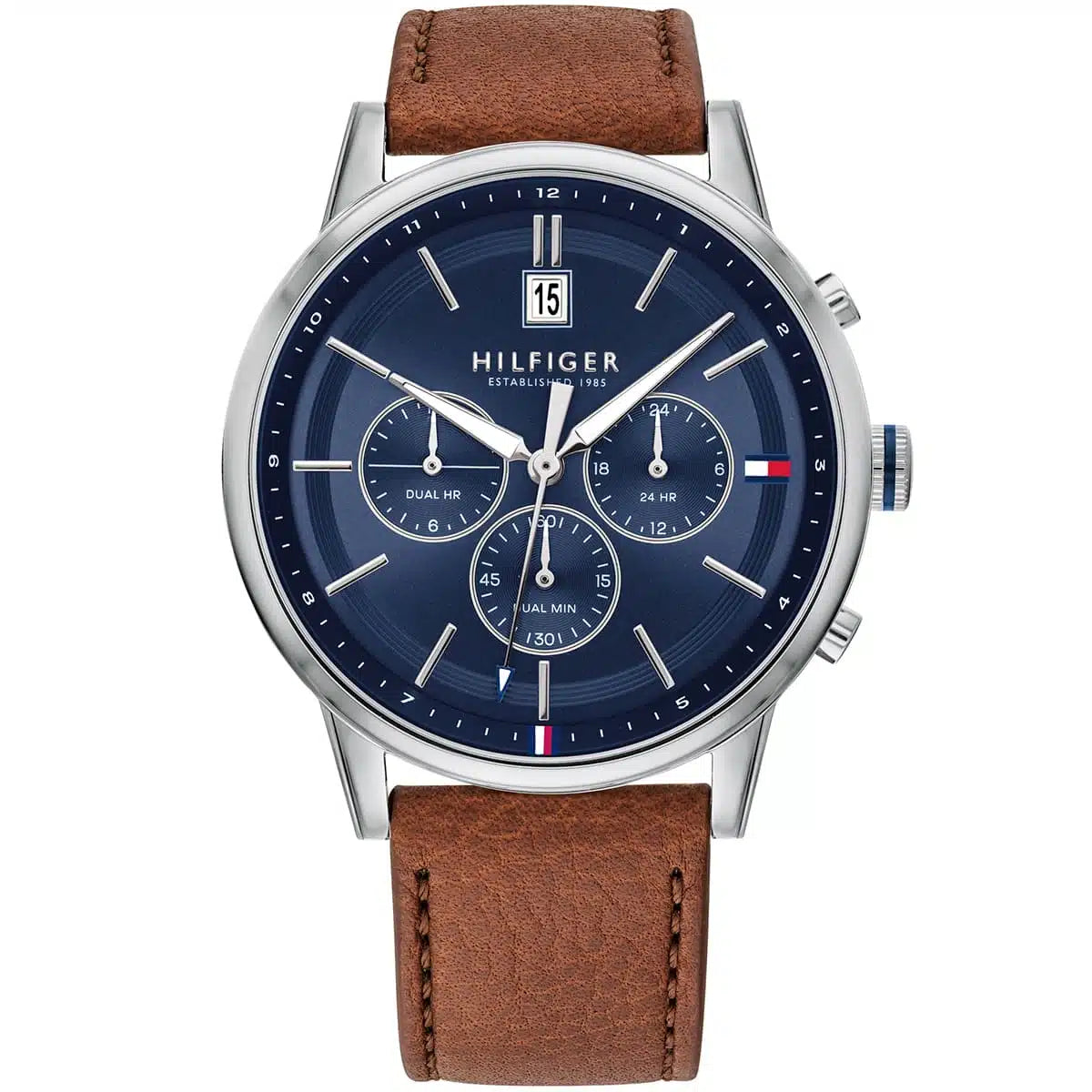 Tommy Hilfiger Kyle 1791629 men's watch silver case light brown leather blue dial