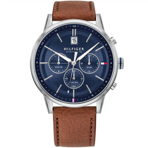 Tommy Hilfiger Kyle 1791629 men's watch silver case light brown leather blue dial
