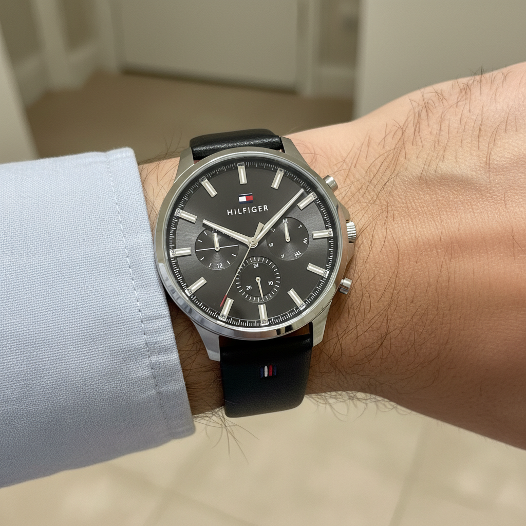 Close up of sunray black dial and silver markers of Tommy Hilfiger 1710495