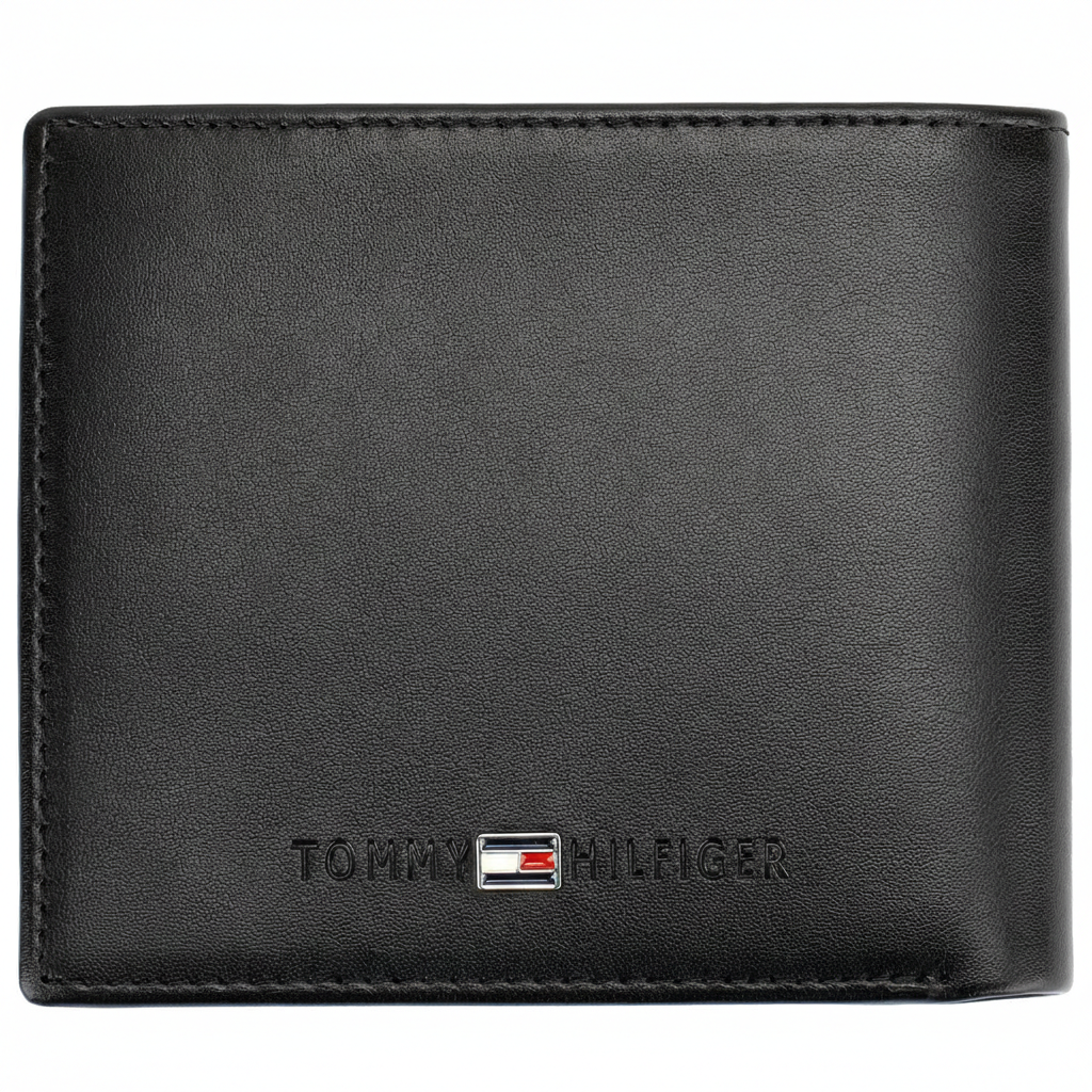 Rear view of a Tommy Hilfiger men's black leather wallet showcasing the refined smooth texture and a small silver-toned enamel flag logo