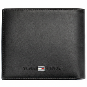 Rear view of a Tommy Hilfiger men's black leather wallet showcasing the refined smooth texture and a small silver-toned enamel flag logo