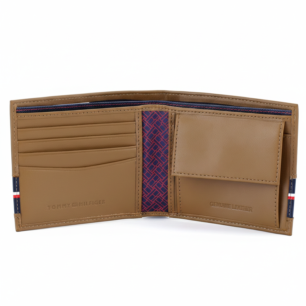 Close-up of the interior of a Tommy Hilfiger tan wallet featuring the "Genuine Leather" embossed stamp and premium card slots