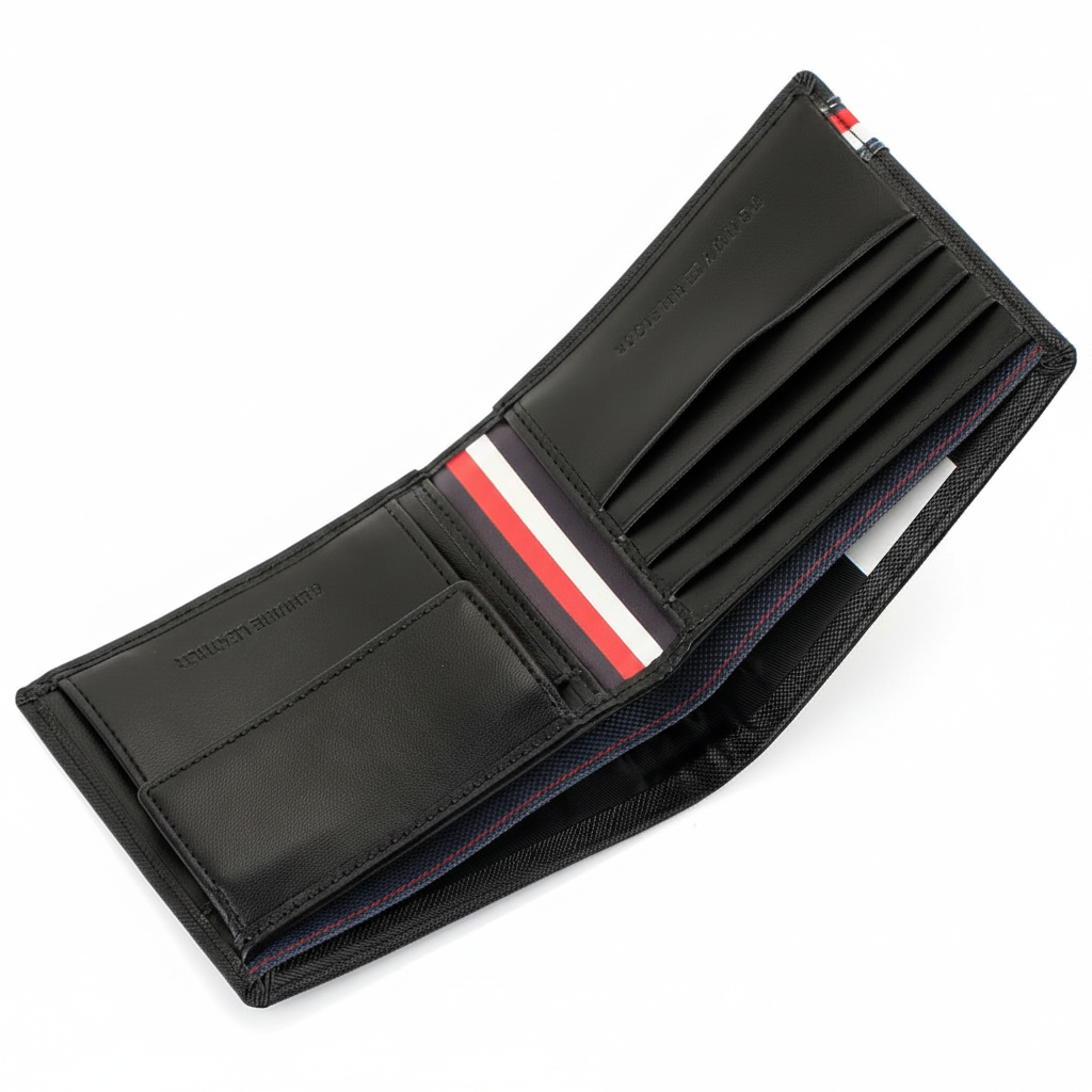 Detailed interior shot of a Tommy Hilfiger black wallet highlighting the iconic red and white flag ribbon and premium leather card compartments