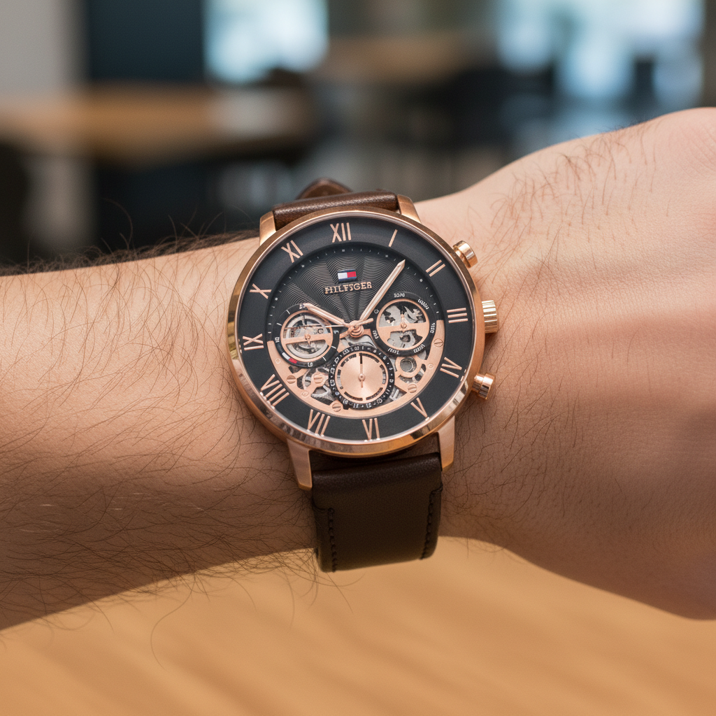Close up of black dial and skeleton mechanical sub-dials of Tommy Hilfiger 1710566