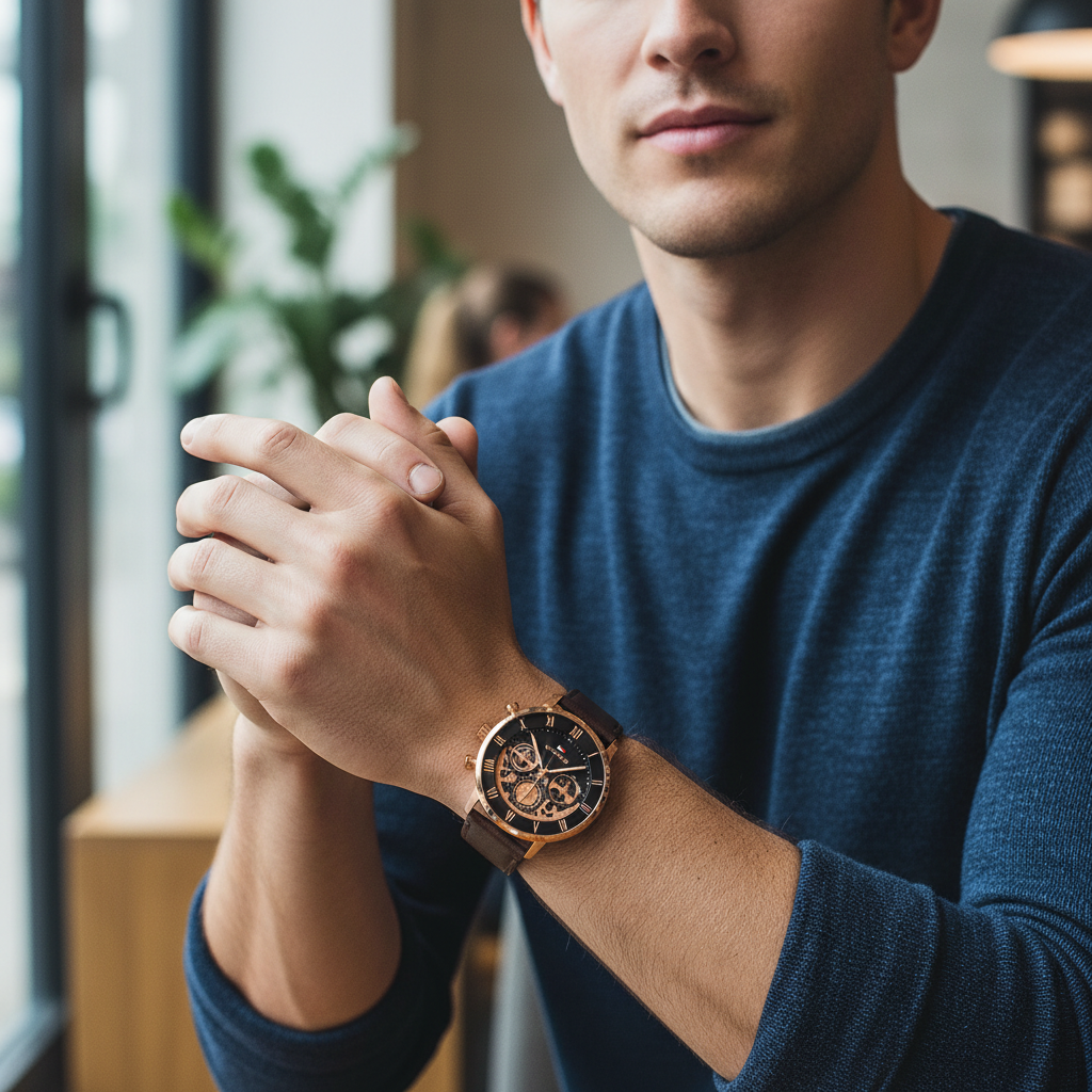 Man wearing elegant Tommy Hilfiger Legend 1710566 watch with gold case and leather