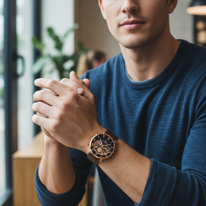 Man wearing elegant Tommy Hilfiger Legend 1710566 watch with gold case and leather