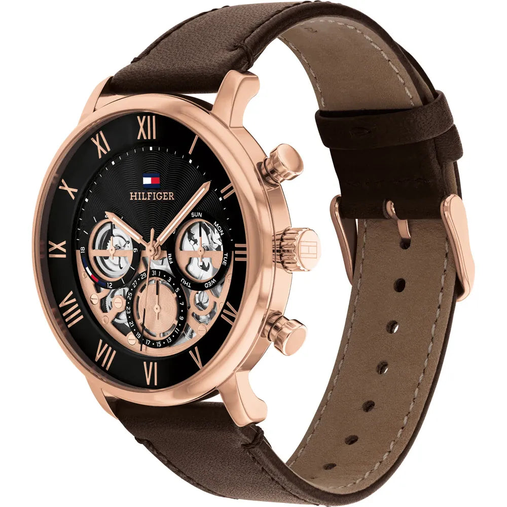 Right side view of Tommy Hilfiger 1710566 showing gold stainless steel case and crown