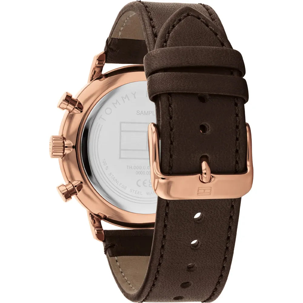 Profile view of Tommy Hilfiger Legend watch showing case thickness and leather strap