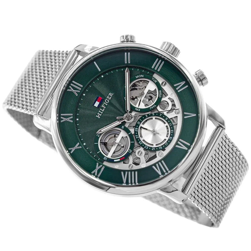 Angled shot highlighting the silver stainless steel mesh bracelet of Tommy Hilfiger 1710567