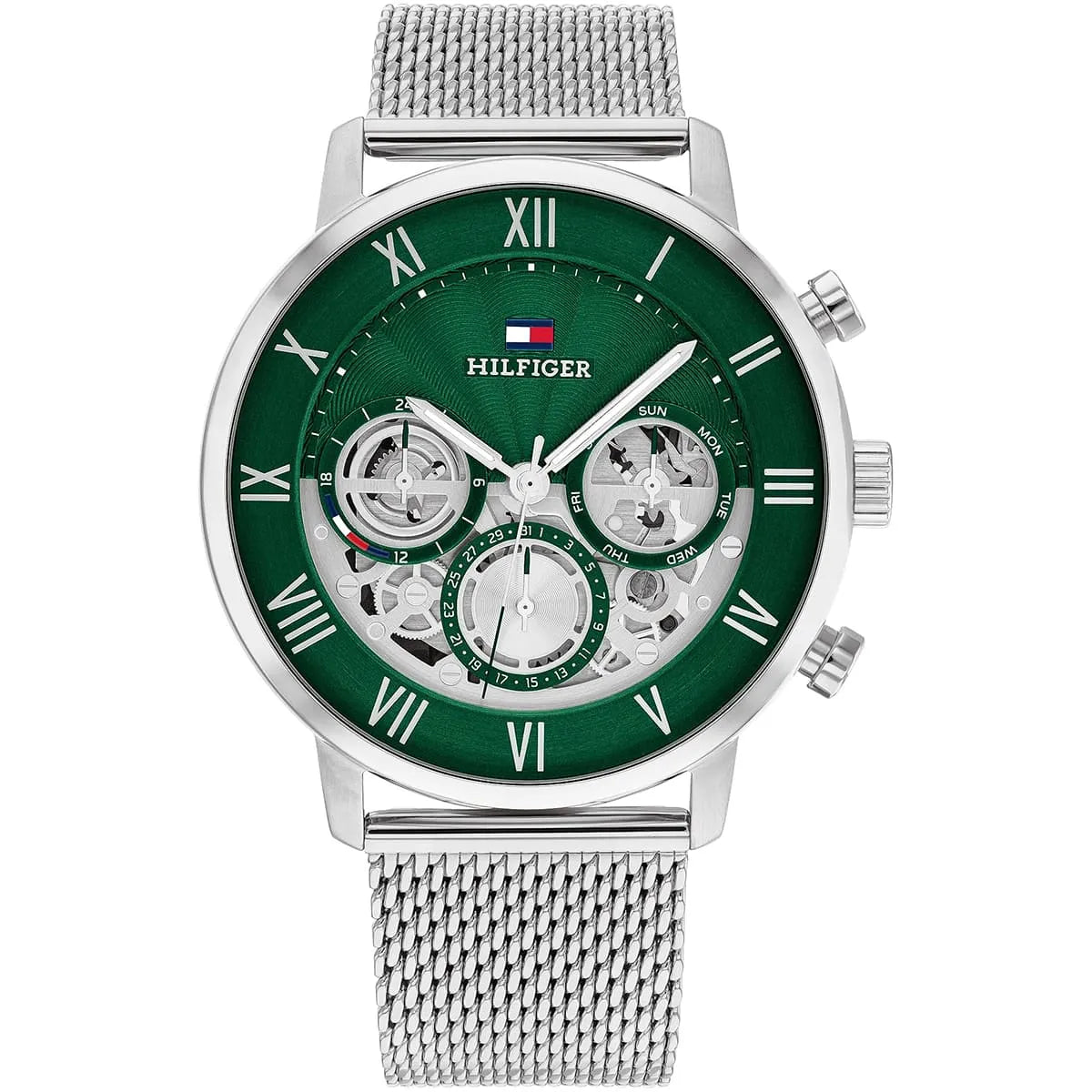 Tommy Hilfiger Legend 1710567 men's watch silver case silver mesh bracelet green dial