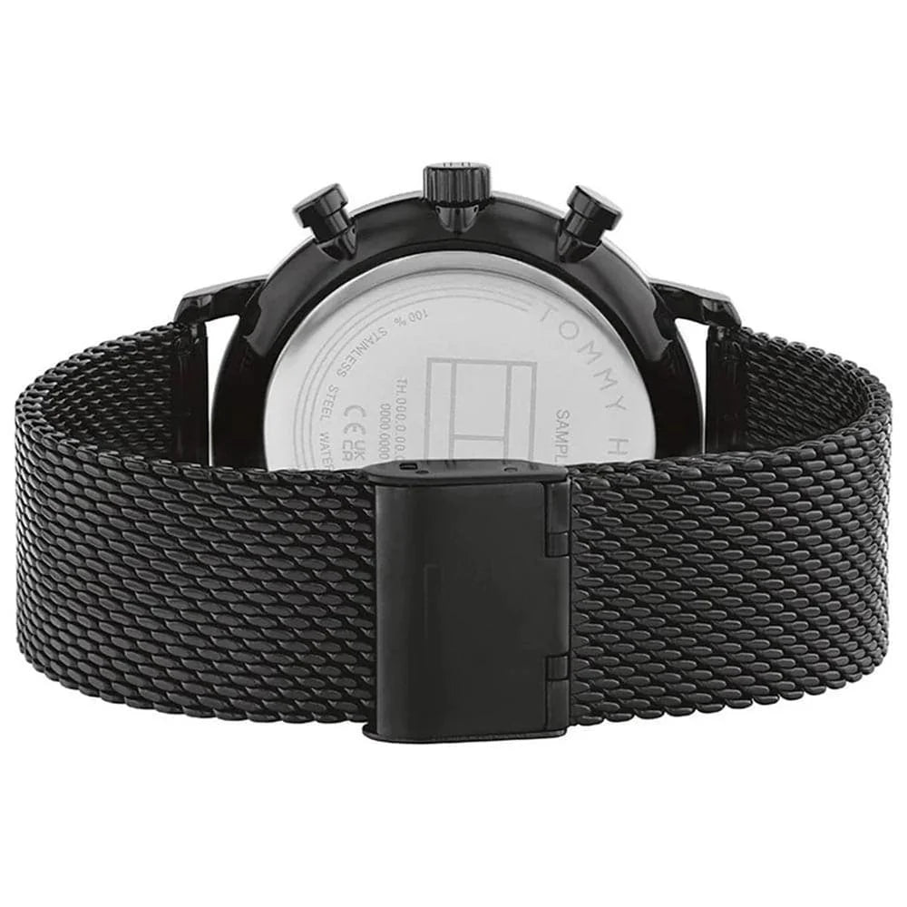 Angled shot highlighting the black stainless steel mesh bracelet of Tommy Hilfiger 1710568