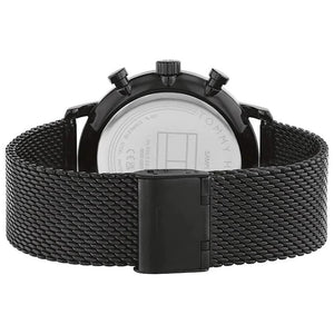 Angled shot highlighting the black stainless steel mesh bracelet of Tommy Hilfiger 1710568