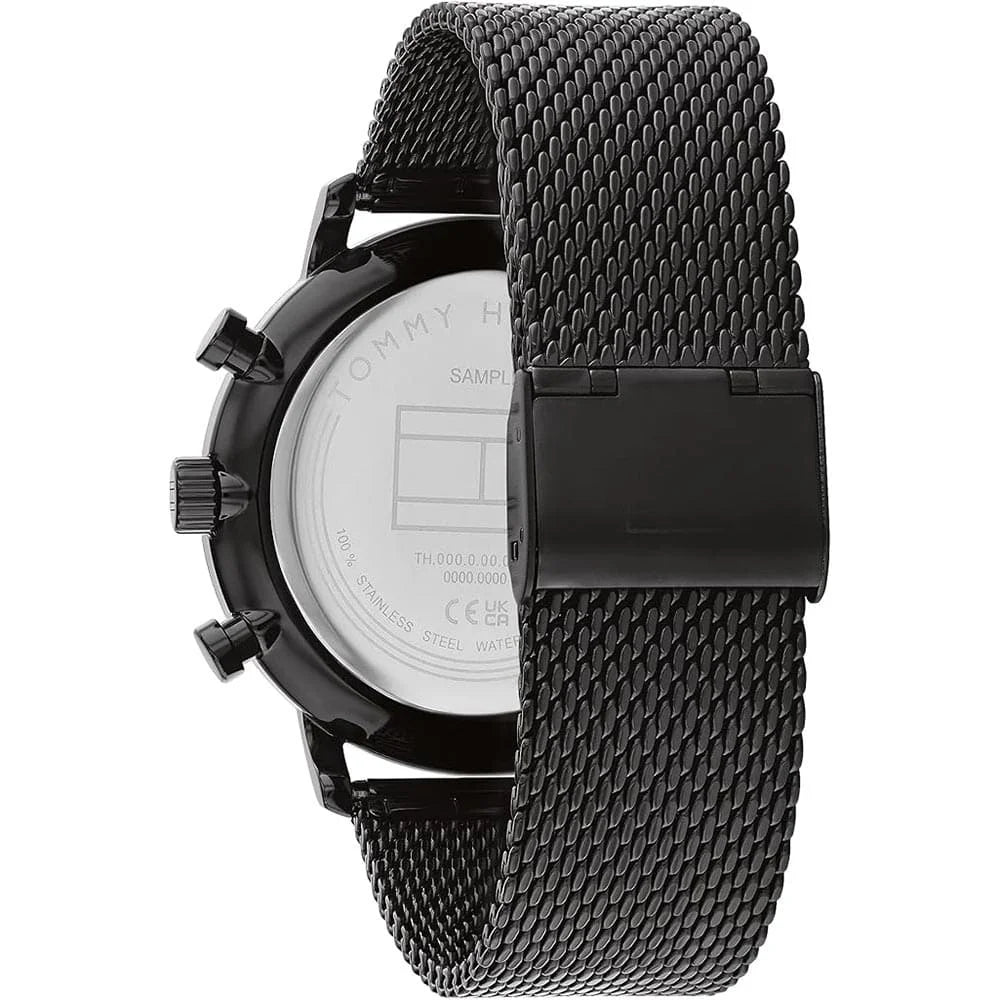 Profile view of Tommy Hilfiger Legend showing case thickness and black mesh bracelet