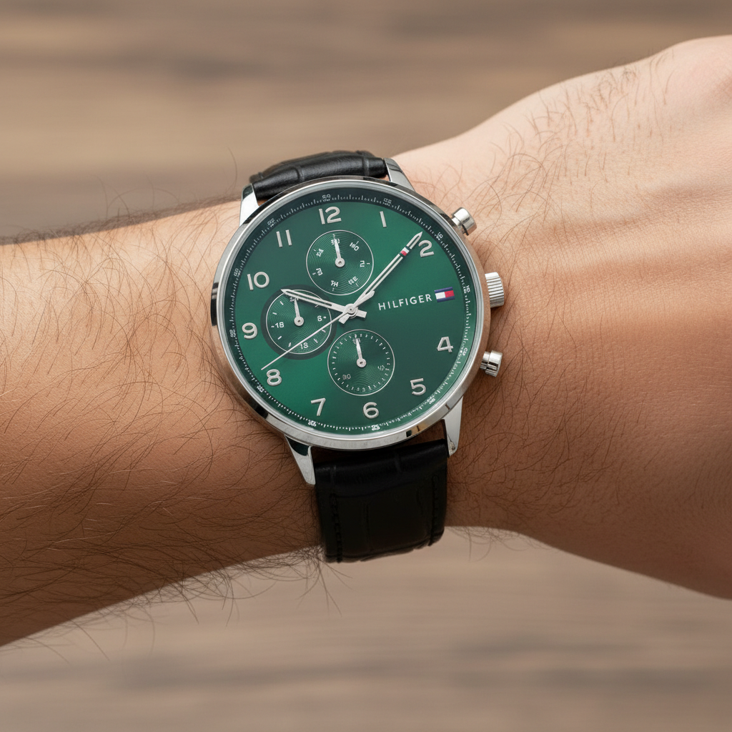 Close up of striking green dial and multi-function sub-dials of Tommy Hilfiger 1791985
