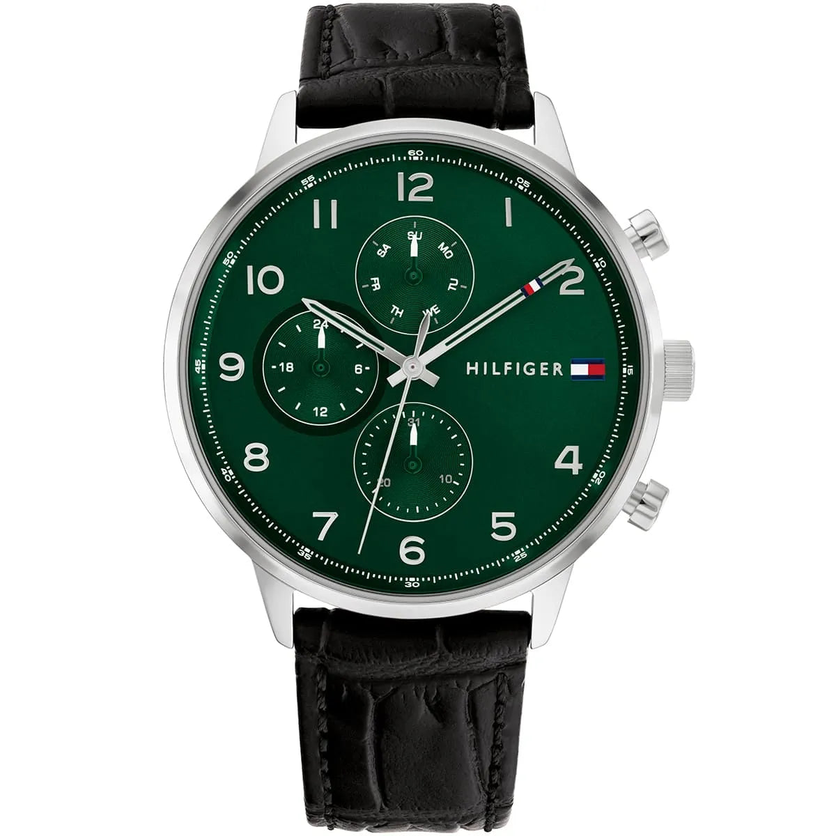 Tommy Hilfiger Leondale 1791985 men's watch silver case black leather strap green dial