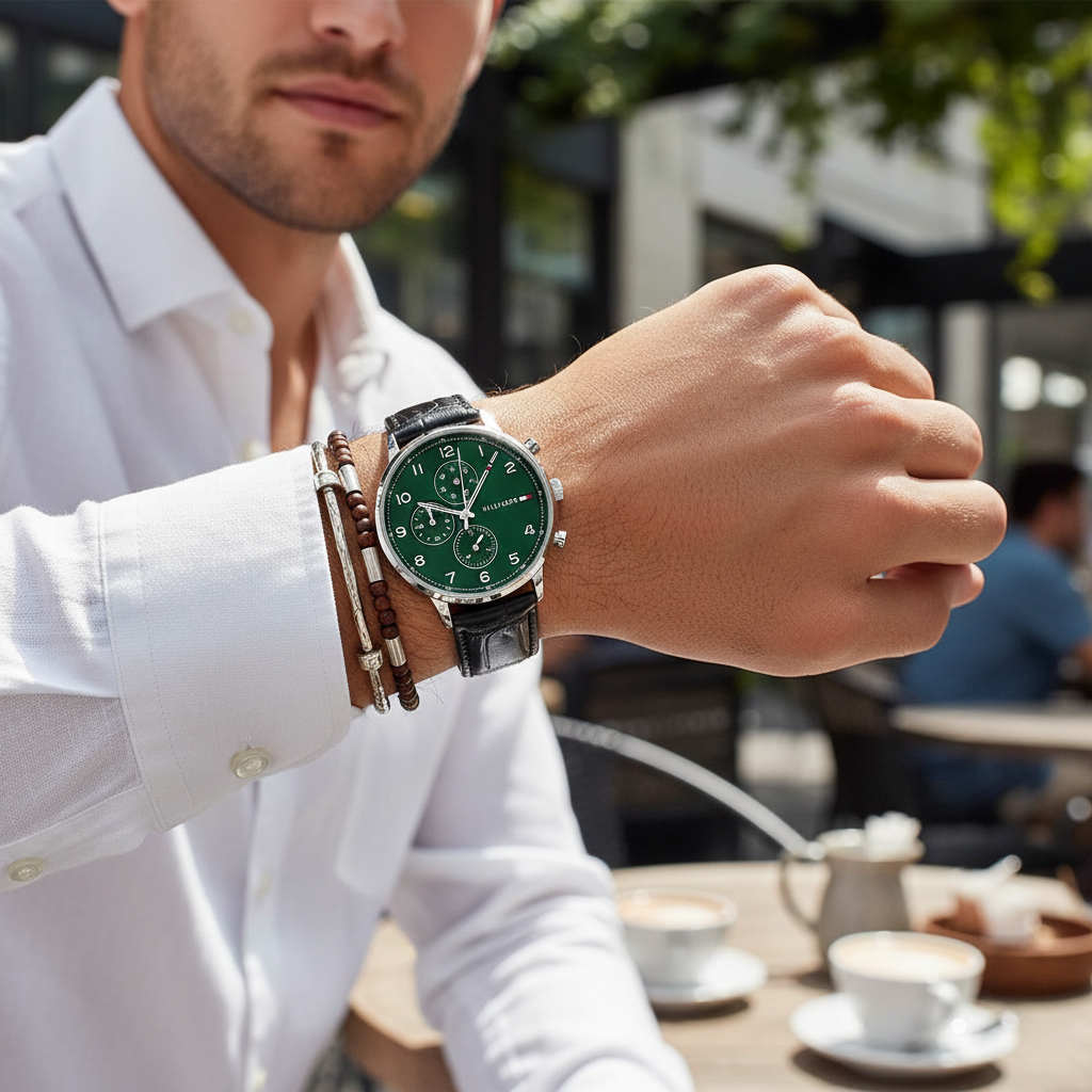 Man wearing elegant Tommy Hilfiger Leondale 1791985 watch with black leather strap