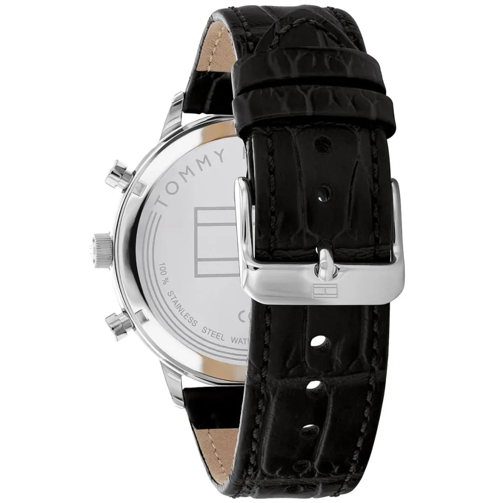 Profile view of Tommy Hilfiger Leondale showing case thickness and black leather strap